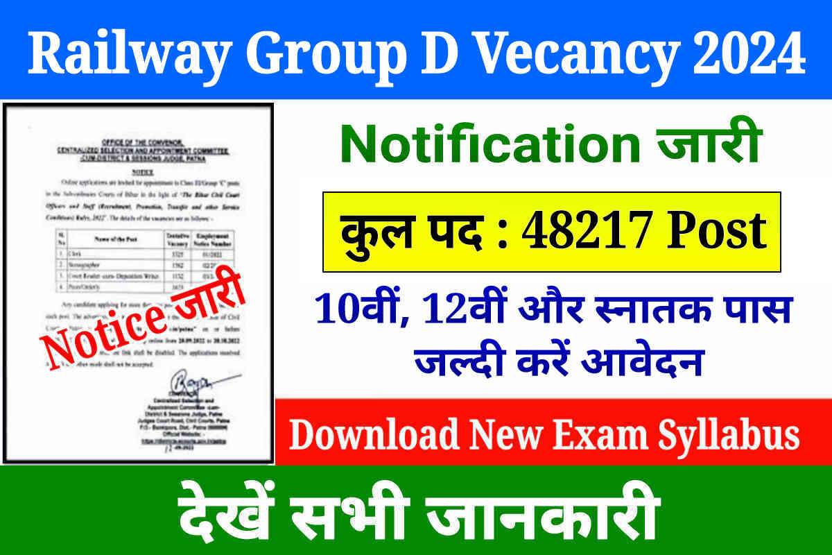 Railway Group D Recruitment 2024, Notification Out for RRB Group D Vacancy (48217 Post), Apply Date & Exam Date