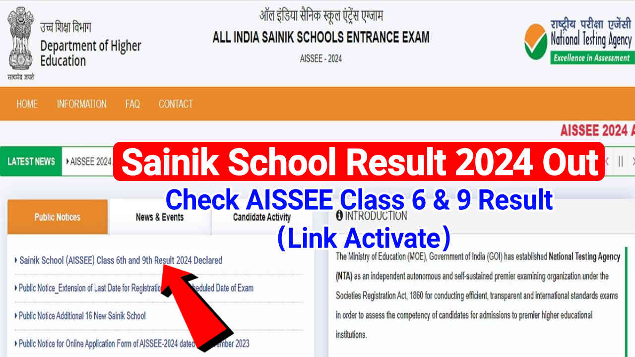 Sainik School Result 2024 Declared, Check Sainik School AISSEE Class 6 & 9 Result, Download Merit List PDF (Direct Link)