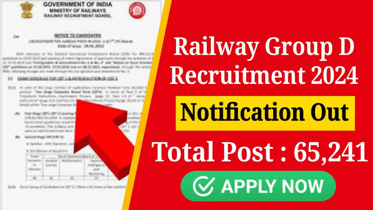 Railway Group D Vacancy 2024, Notification Out for RRB Group D Recruitment (65,241 Post), Check Apply Date & Exam Date
